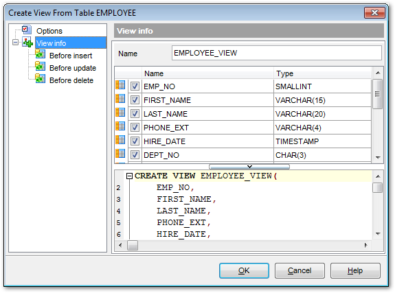 Tables - Create View from Table - View info