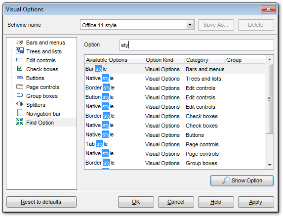 Visual Options - Find Option