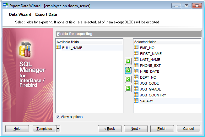 Export Data - Selecting fields for export