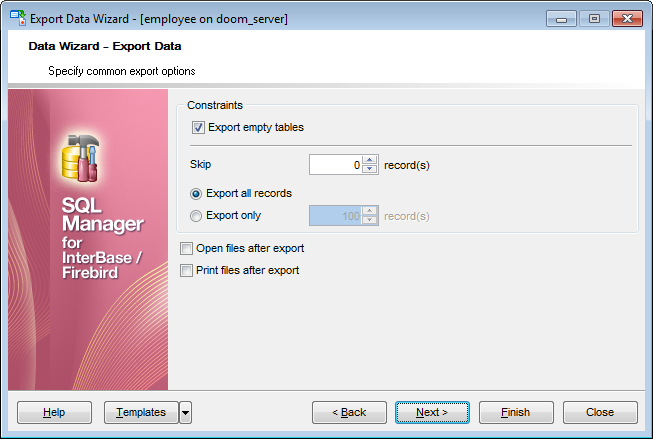 Export Data - Setting common export options