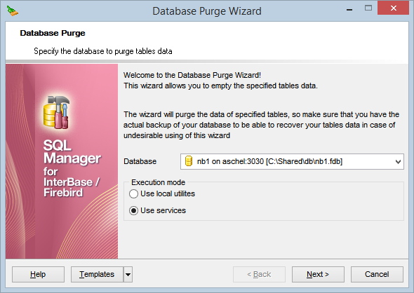 Purge Database - Selecting database and execution mode 