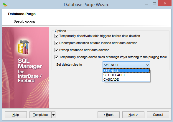 Purge Database - Selecting options for data deleting