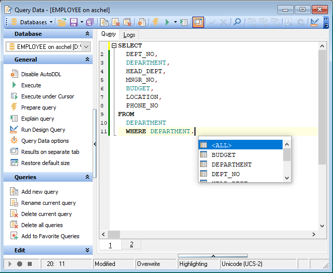 SQL Editor - Working with SQL Editor area
