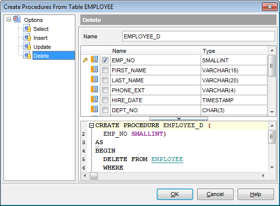 Tables - Create Procedure from Table - DELETE