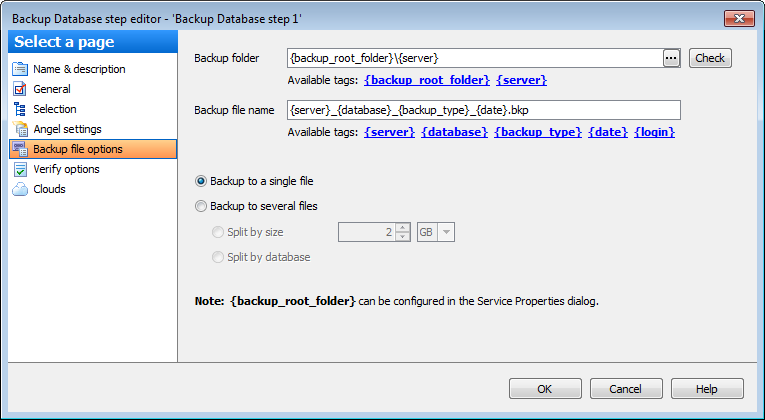 Editing Service task template - Backup Database - Angel Files