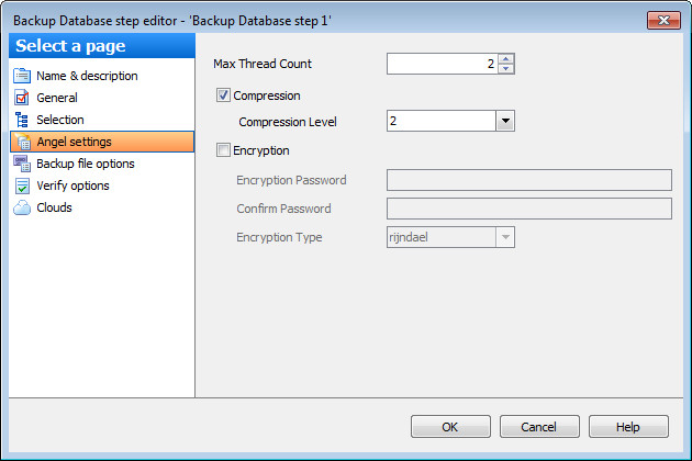 Editing Service task template - Backup Database - Angel Options