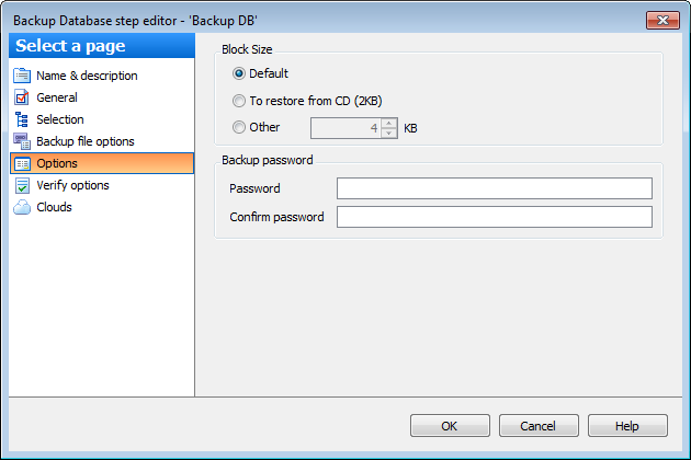 Editing Service task template - Backup Database - Backup Options