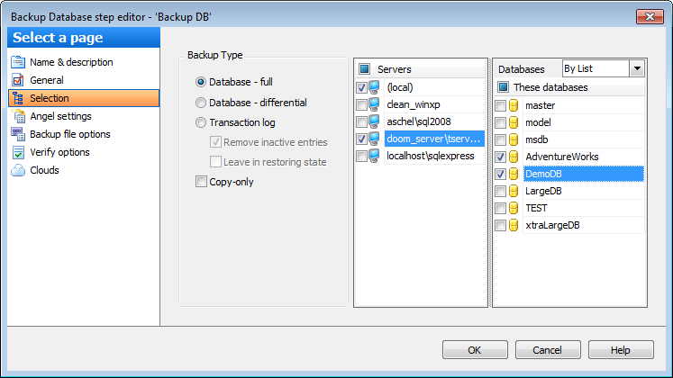 Editing Service task template - Backup Database - Databases