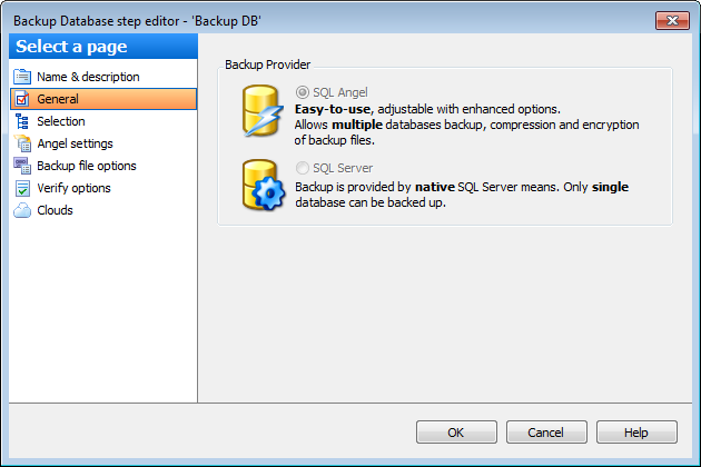 Editing Service task template - Backup Database - General