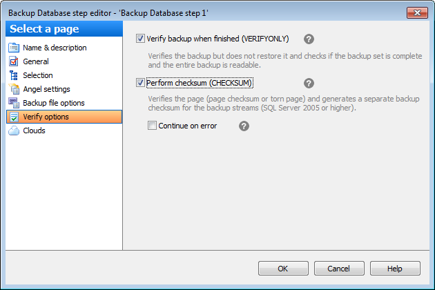 Editing Service task template - Backup Database - Verify Options