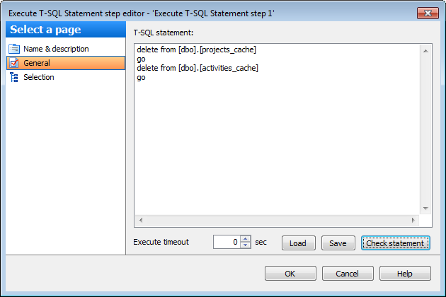 Editing Service task template - Execute T-SQL statement - General