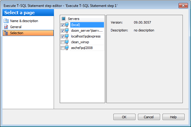 Editing Service task template - Execute T-SQL statement - Selection