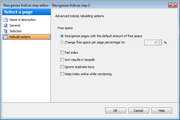 Editing Service task template - Reorganizing indices - Rebuild options