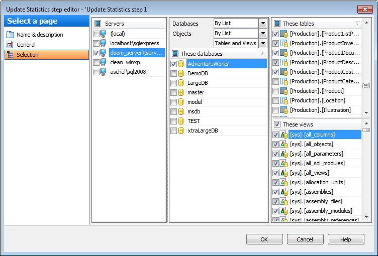 Editing Service task template - Update Statistics - Databases