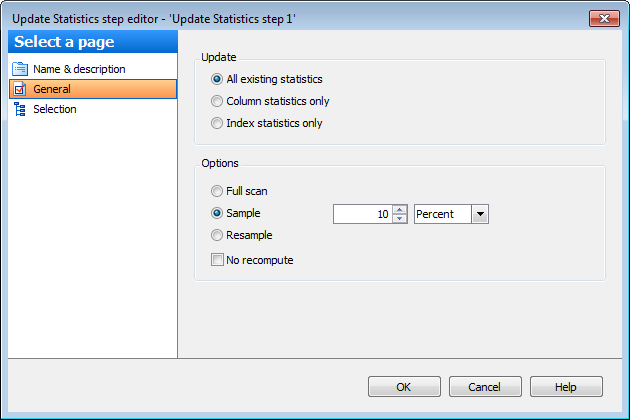 Editing Service task template - Update Statistics - General