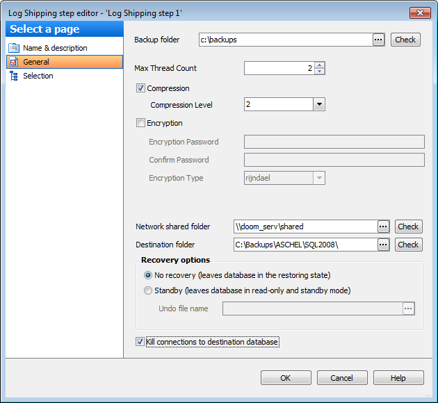Editing Service task template-Transaction Log Shipping-General