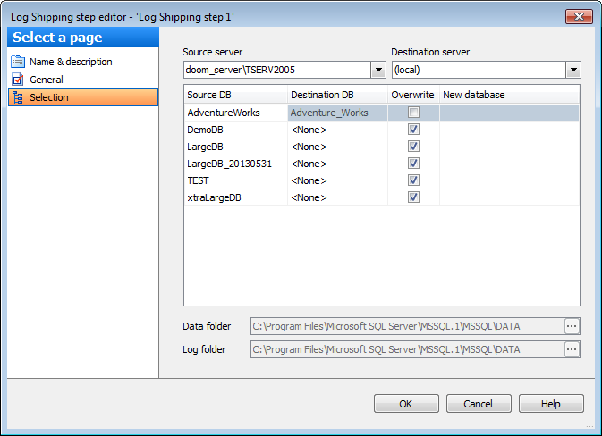 Editing Service task template-Transaction Log Shipping-Selectioon