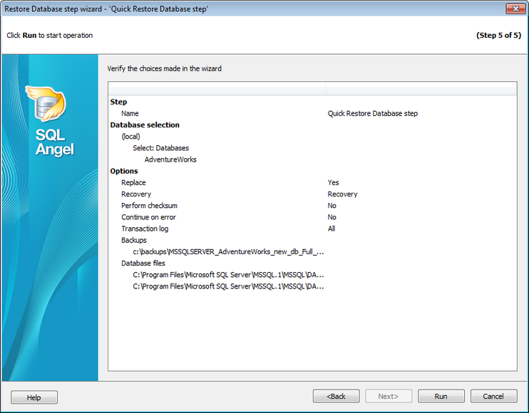 Restore Database Wizard SQL Angel restore - Performing operation
