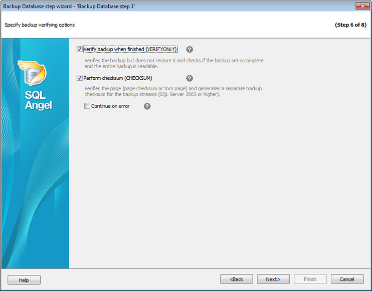 Service tasks - Backup Database - Specifying backup veryfying options