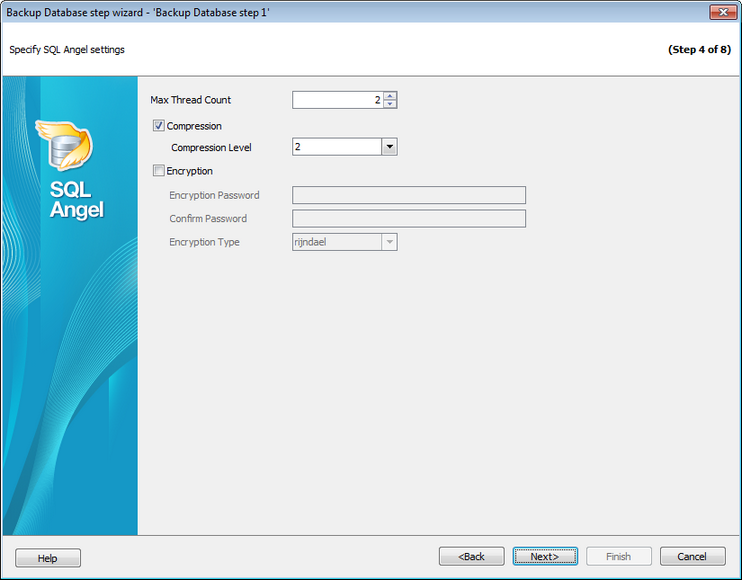 Service tasks - Backup Database - SQL Angel backup - Defining backup settings