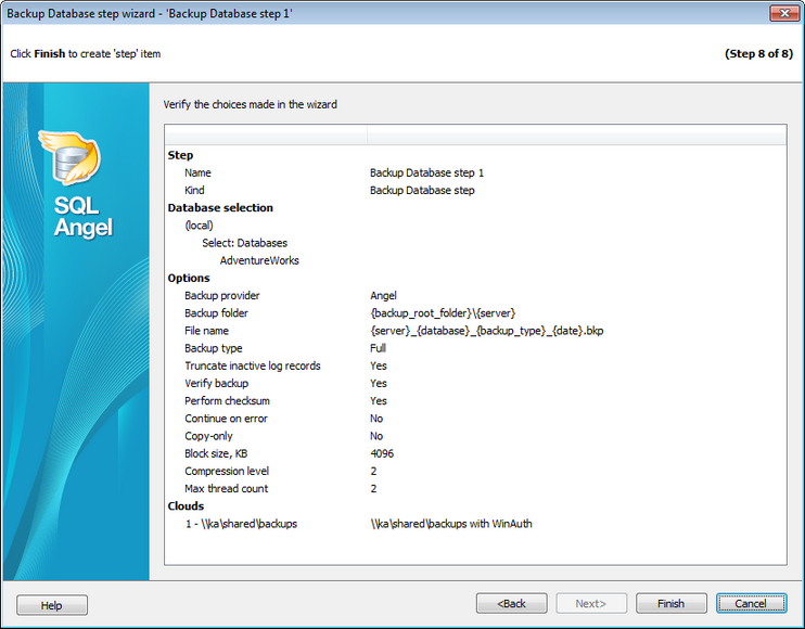 Service tasks - Backup Database - SQL Angel backup - Performing operation