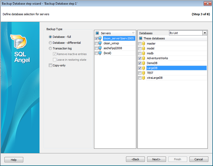 Service tasks - Backup Database - SQL Angel backup - Selecting database