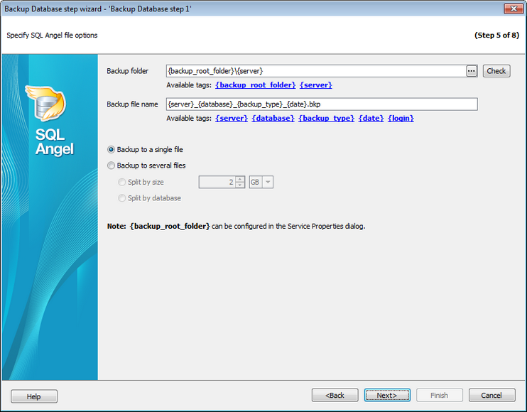 Service tasks - Backup Database - SQL Angel backup - Setting file options