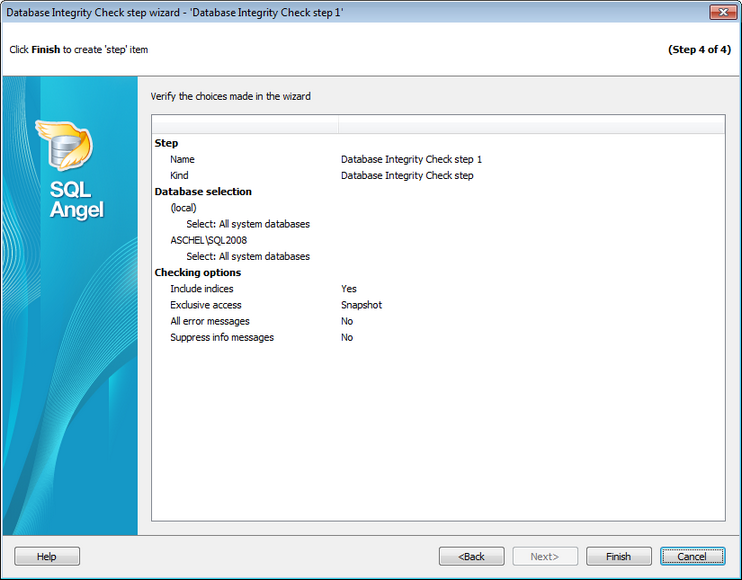 Service tasks - Datbase Integrity Check - Checking Integrity