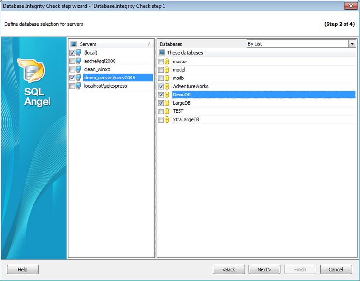 Service tasks - Datbase Integrity Check - Selecting database