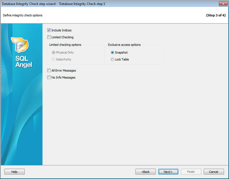 Service tasks - Datbase Integrity Check - Setting options