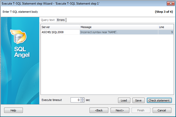 Service tasks - Execute T-SQL statement - Defining T-SQL statement - Error