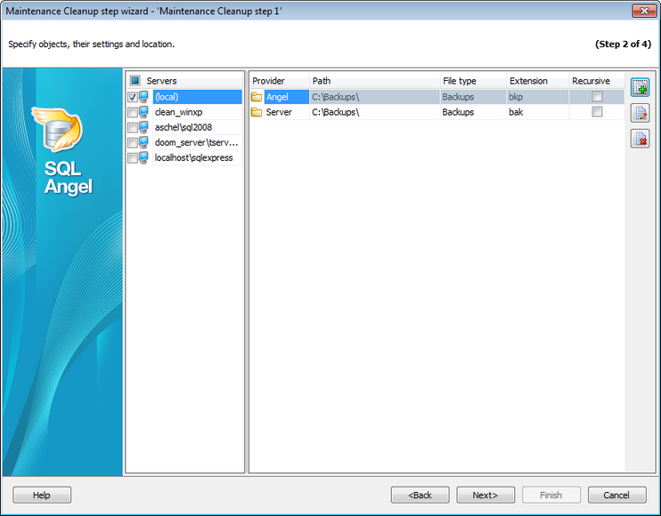 Service tasks - Maintenance cleanup - Selecting server