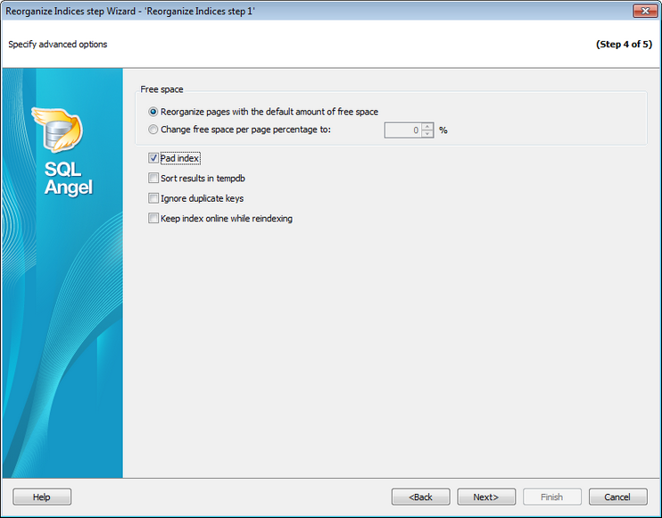 Service tasks - Reorganizing indices - Advanced options