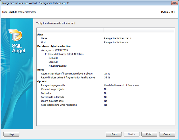 Service tasks - Reorganizing indices - Performing operation