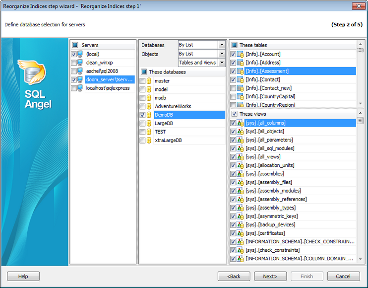 Service tasks - Reorganizing indices - Selecting database