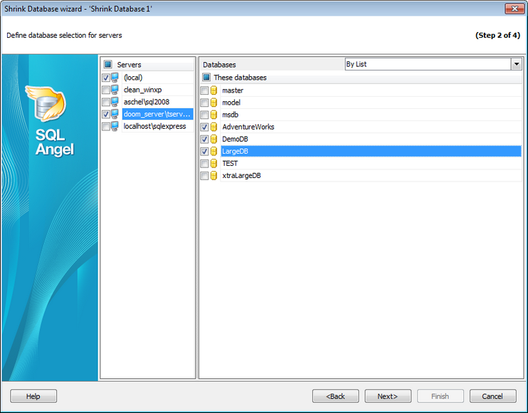 Service tasks - Shrink database - Selecting database