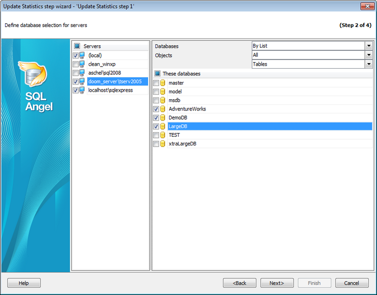Service tasks - Update Statistics - Selecting database