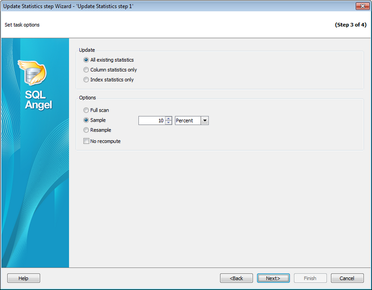 Service tasks - Update Statistics - Setting options
