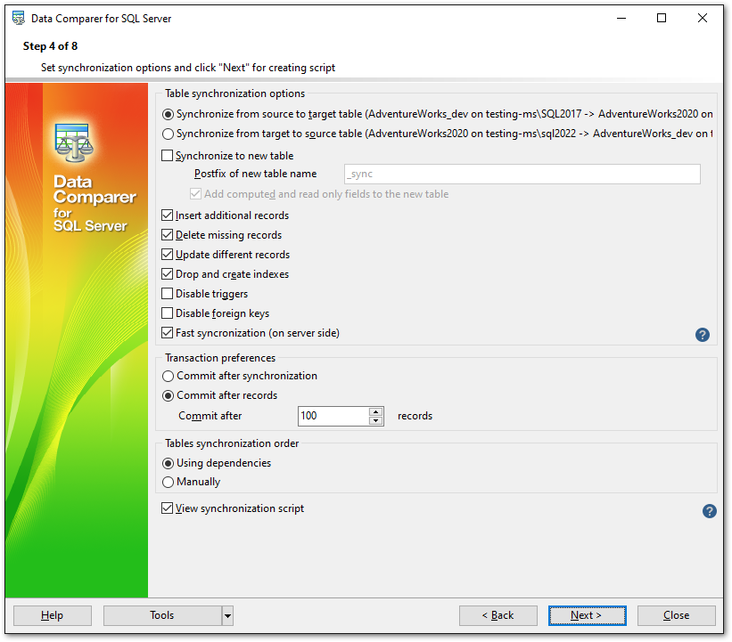 Step 4 - Specifying data synchronization options