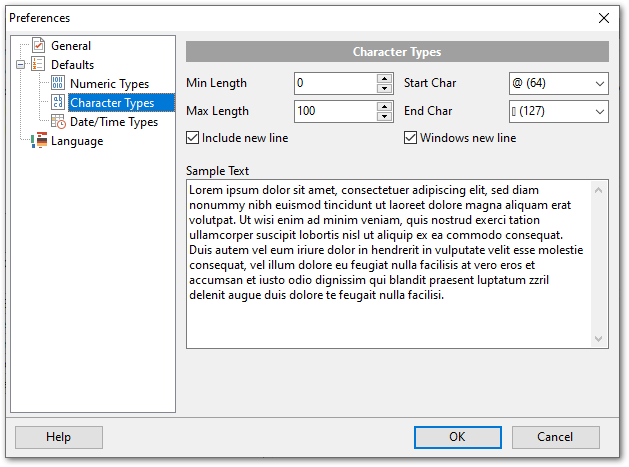 Preferences - Defaults - Character