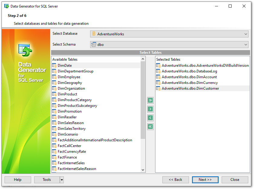 Step 2 - Selecting databases and tables