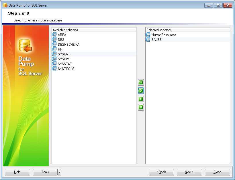 Step 2 - Selecting source schemas