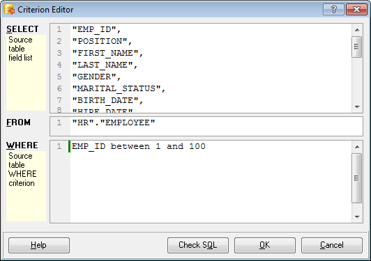 Step 7 - Selecting tables for data import - Criterion editor