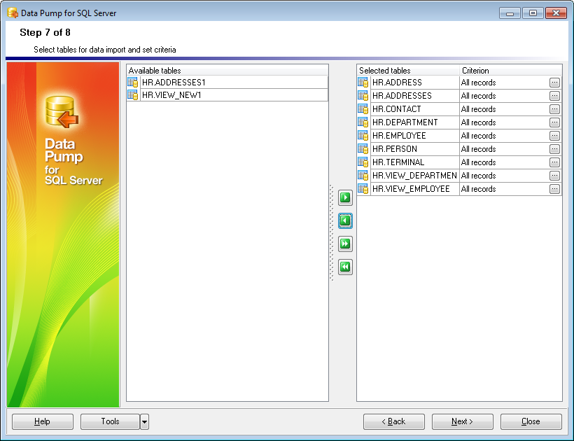 Step 7 - Selecting tables for data import