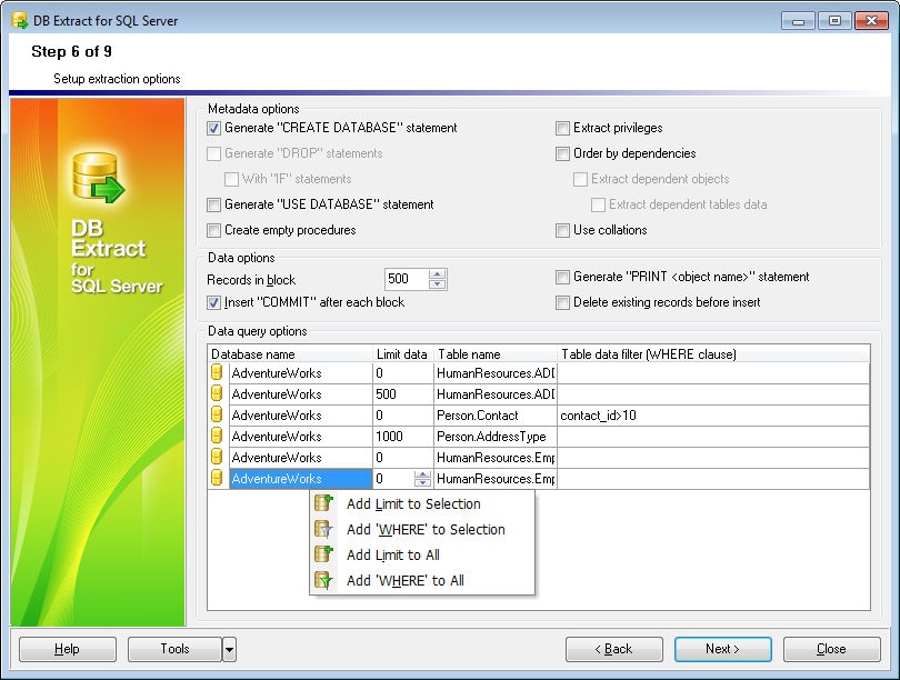 hs2113 - Step6 - Setting up extraction options