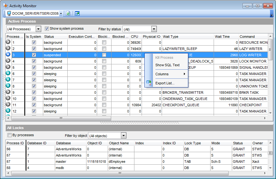 Activity monitoring. Activity Monitor SQL. Activity Monitor. Object ID SQL. Lock Manager.