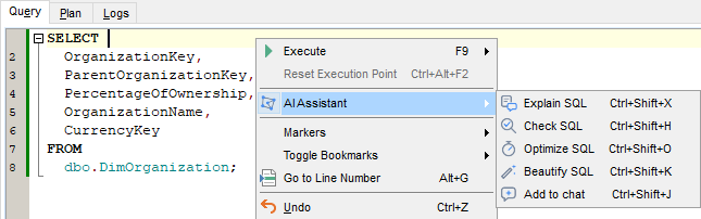 AI Assistant - Commands - SQL Editor
