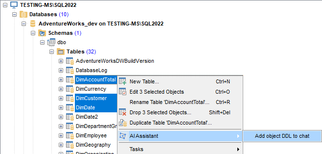 AI Assistant - Context -Add object DDL to chat