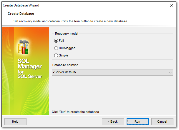 Create Database Wizard - Setting recovery model and collation