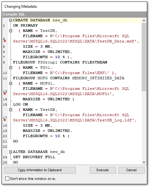 Create Database Wizard - Viewing result SQL statement